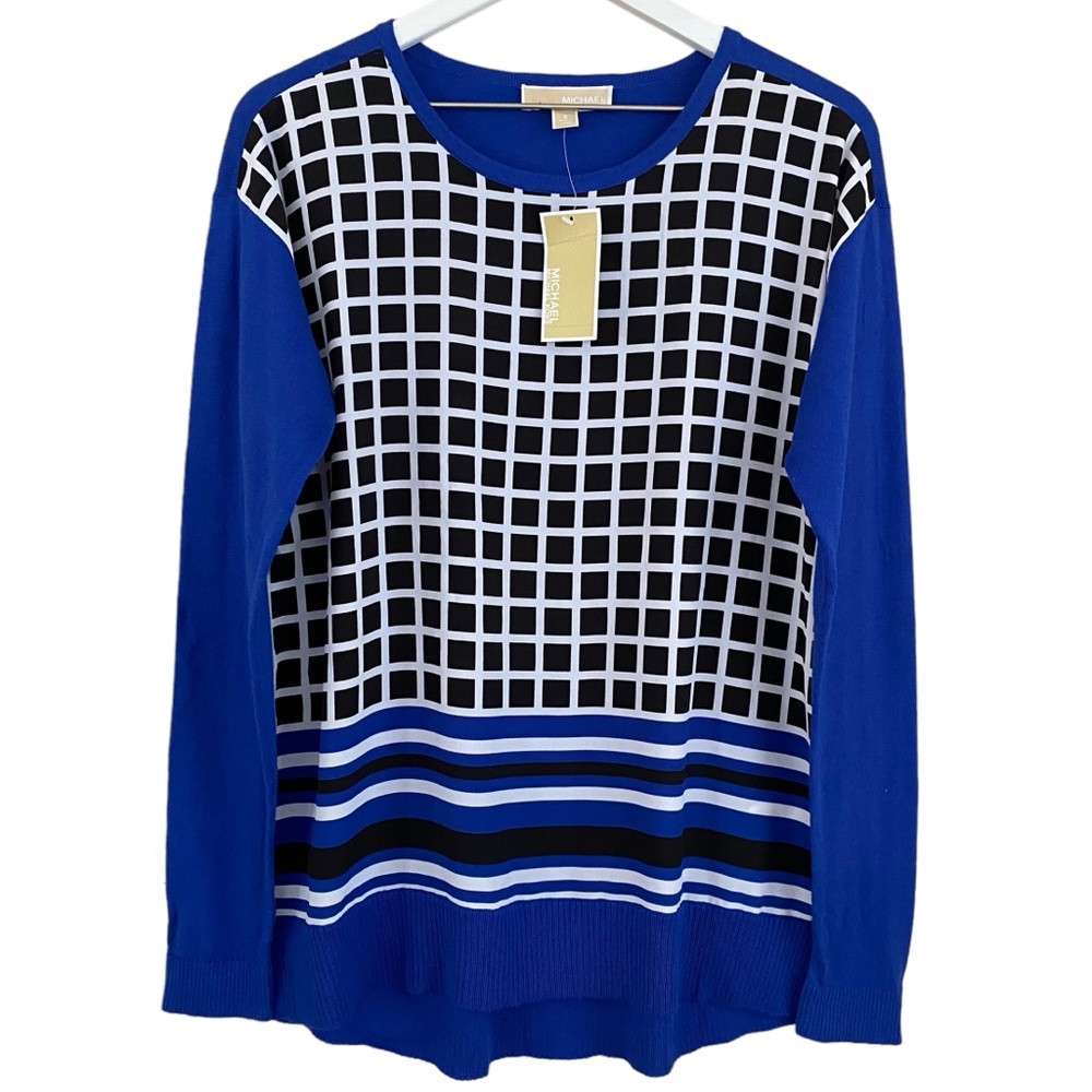 Michael Kors NWT Cobalt Blue & Black Windowpane Plaid Stripe Lightweight Sweater - Picture 2 of 9